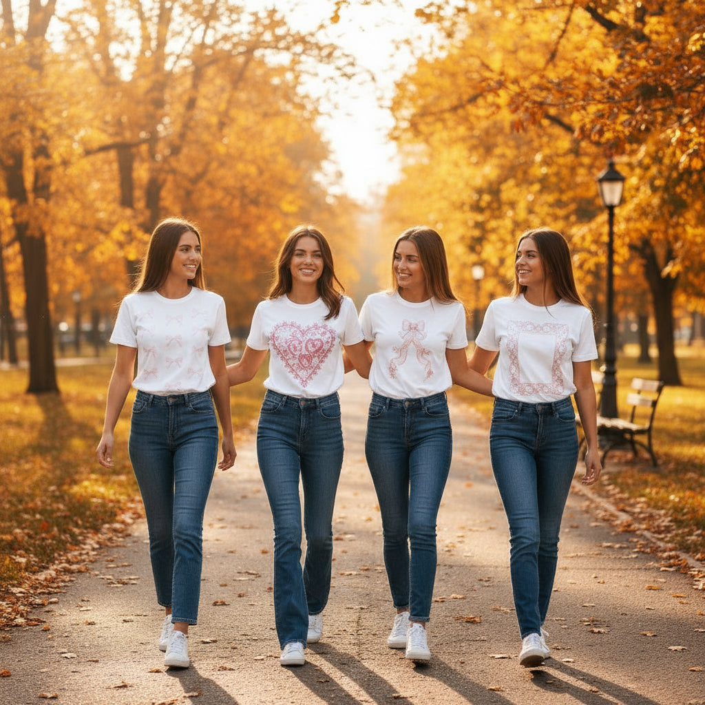 Four women walking together in a park with autumn foliage. pink coquette designs on each of the womens shirts with a dark enough pink that can be seen on the shirts. all 4 women wearing blue jeans and the same white tennis shoes