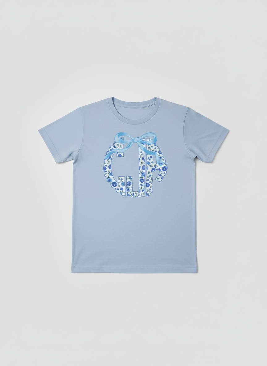 "Blue Floral Scalloped Edge Monogram"