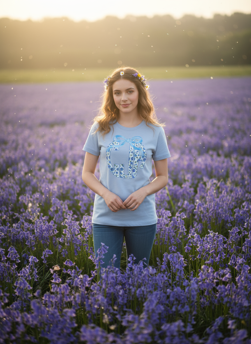 "Blue Floral Scalloped Edge Monogram"