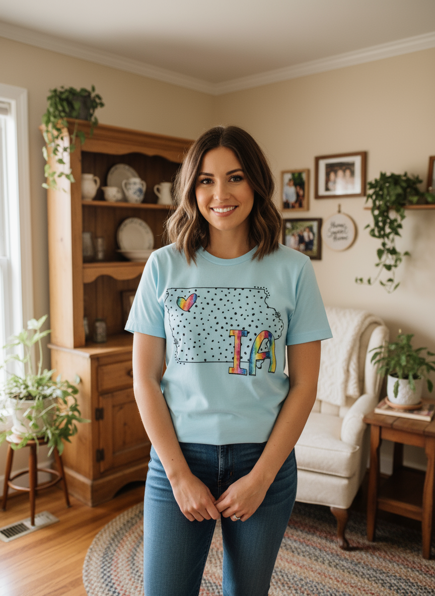 Woman wearing a light blue t-shirt with colorful design in a living room.